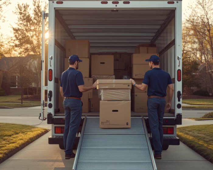 Two Movemate Australia movers loading boxes up the ramp into a removal truck at dusk