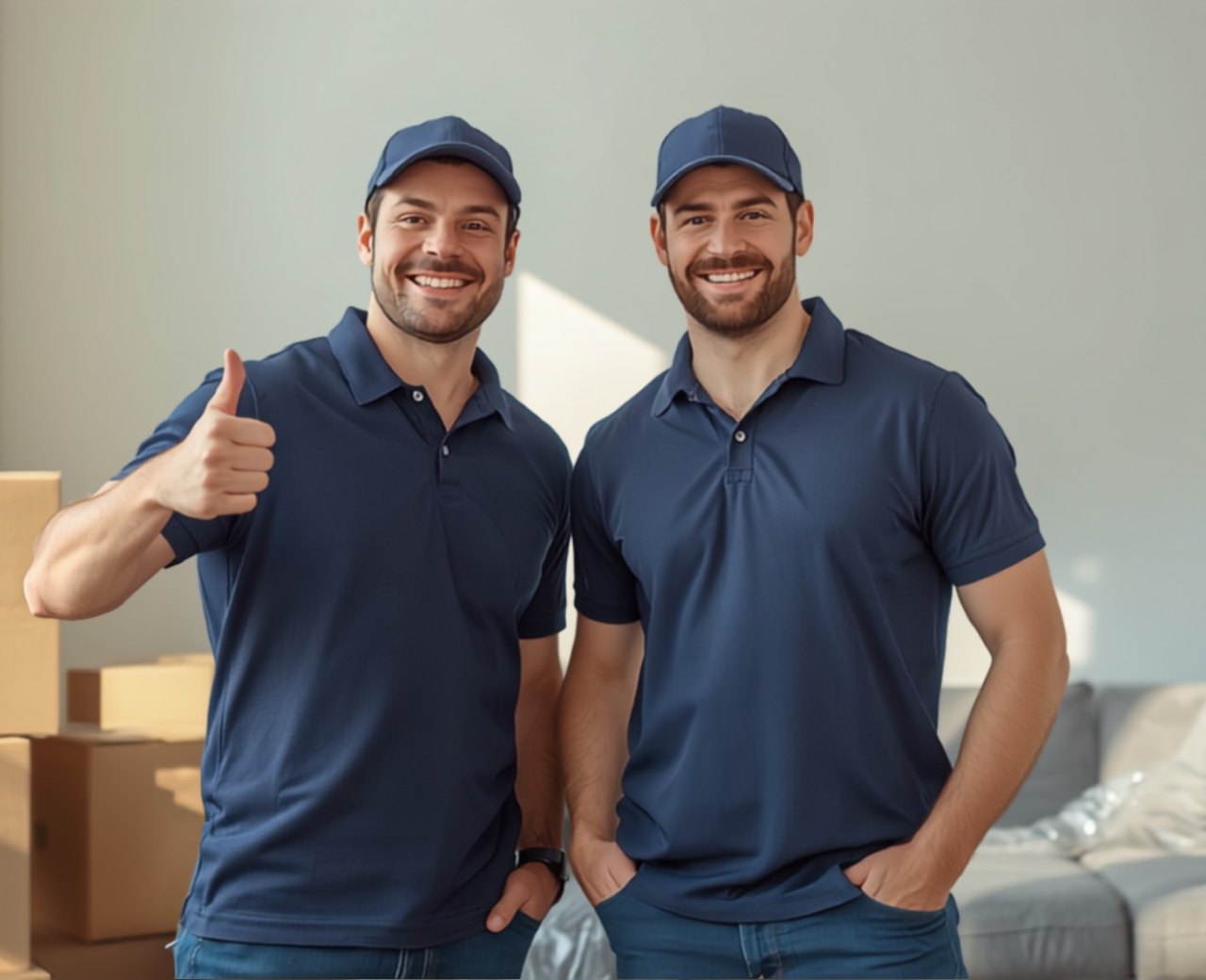 Two Movemate Australia movers in a customer's living room, one giving a thumbs-up, beside packed boxes and a wrapped sofa